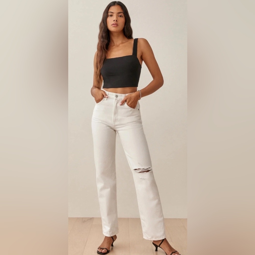 Reformation Jeans Cowboy HighRise Straight Jeans Vintage White Destroyed Size 31